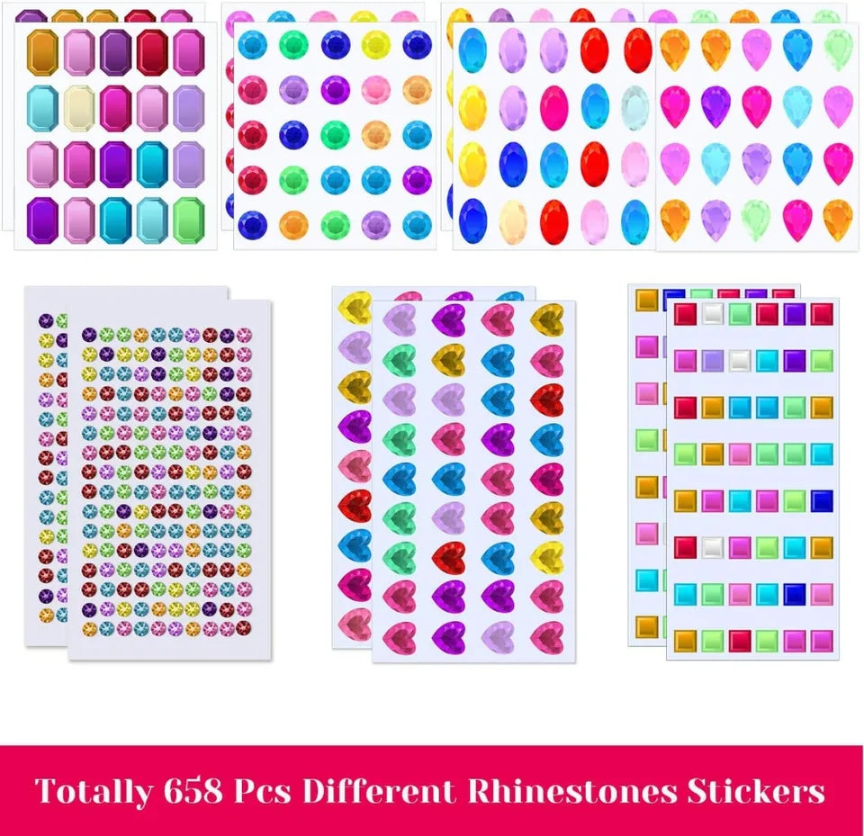 Self-Adhesive Rhinestone Stickers for DIY Crafts, 658Pcs 14 Sheets, Assorted Shapes & Colors