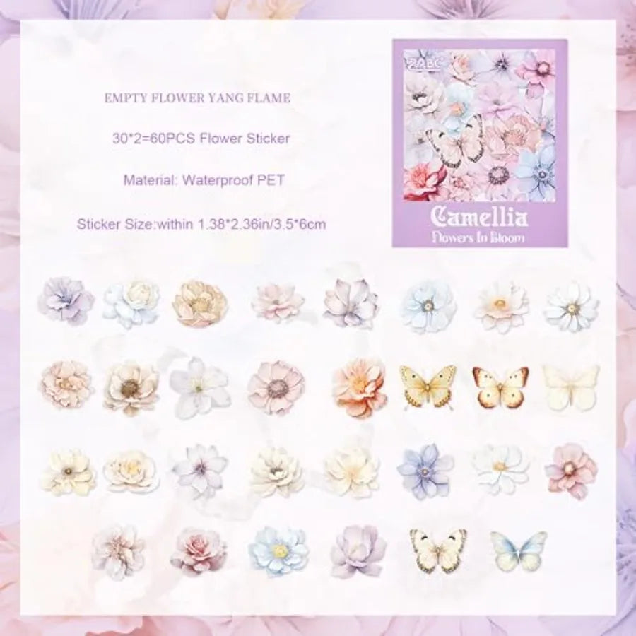 60 Pieces Glitter Shiny Flower Stickers for Journaling, Waterproof Decorative Decal for Scrapbooking Supplies Journal Planners
